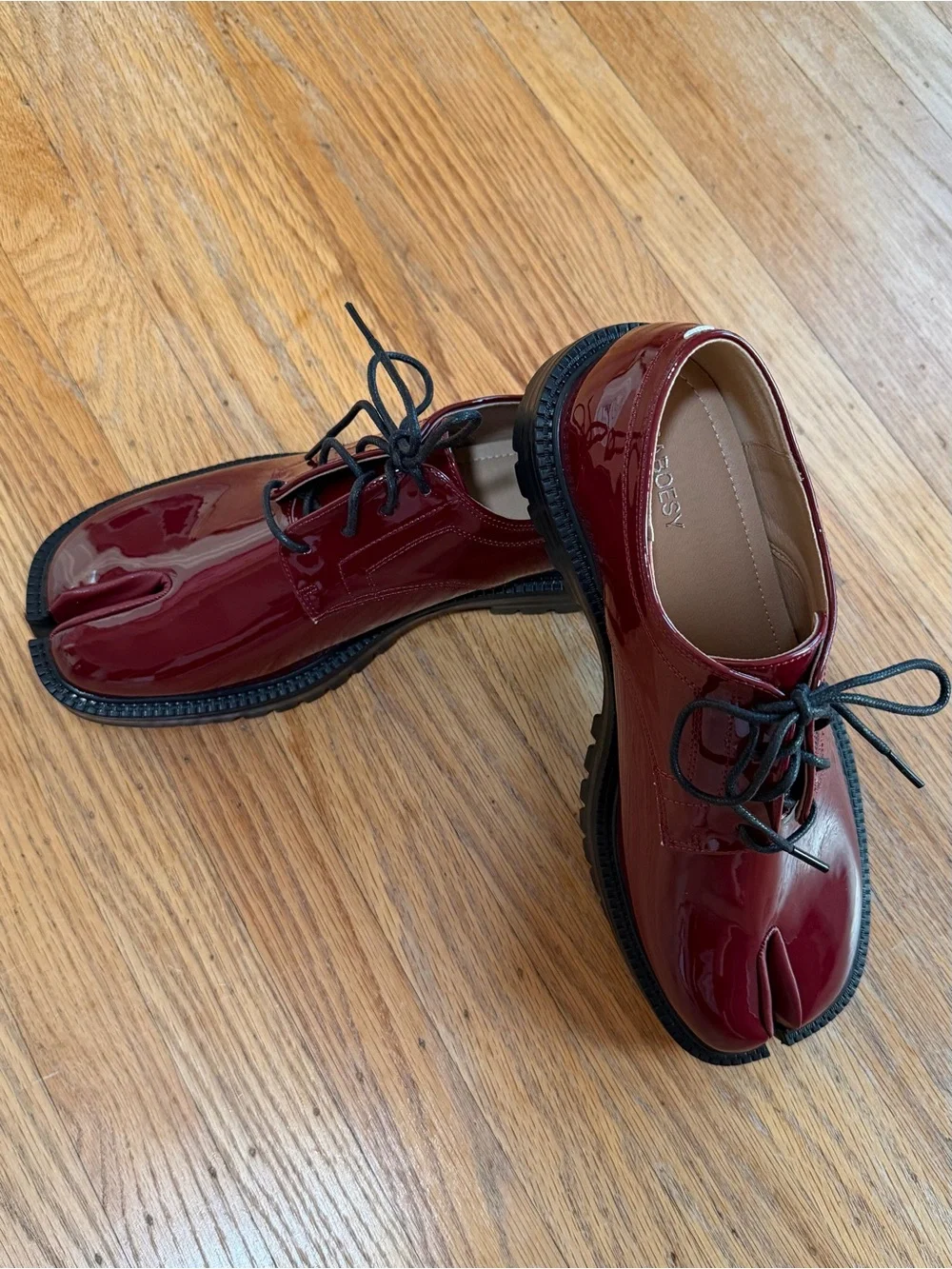 Maroon Patent Leather Tabi-style Oxfords